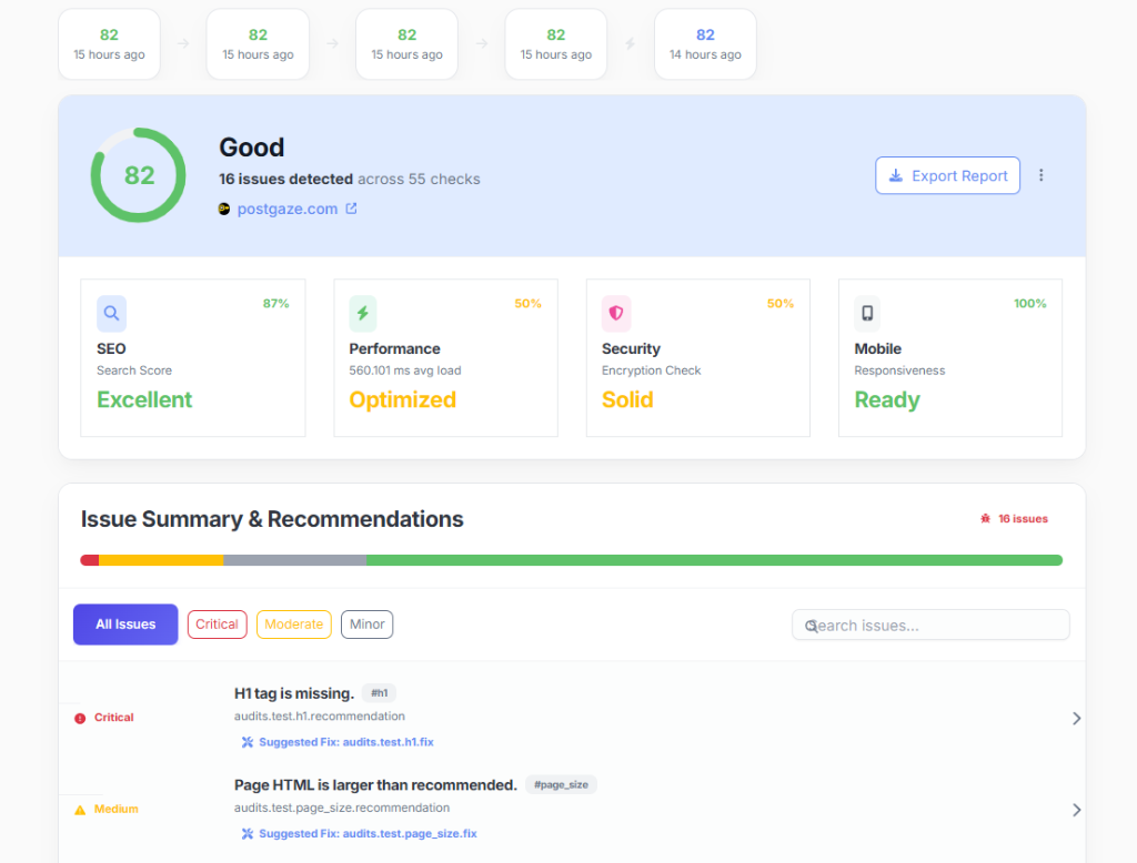 Screenshot of the app dashboard